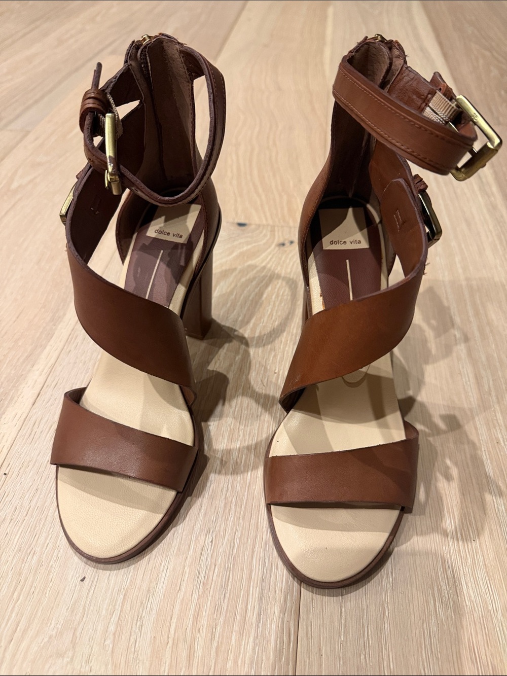Dolce Vita Cognac Brown Leather Block Heel Sandals